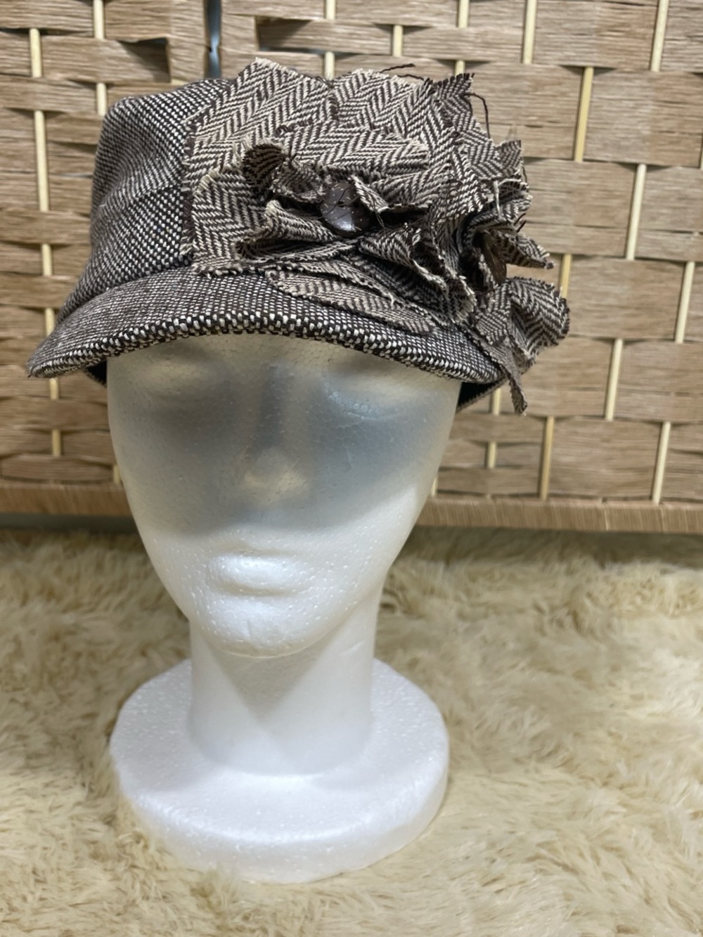 Womens Herringbone Fabric Newsboy Cap with Floral Accent - Brown